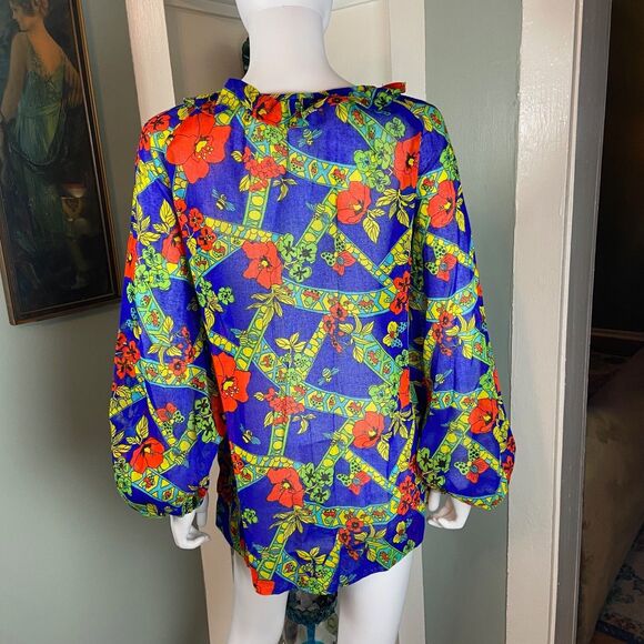 Vintage 70s Lanz Novelty Mushroom Butterfly Poppies Bee Sheer Blouse Tunic Shirt - Picture 6 of 13